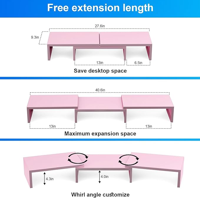 Desk Organizers and Accessories, Dual Monitor Stand Riser, Monitor Desk Shelf for Desktop Organization (Pink)