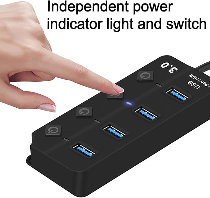 USB Hub - 3.0, 4-Port USB Station Hub with Individual Switches - Expander Hub for Laptop/MacBook, Flash Drives, Mobile HDD, Printer