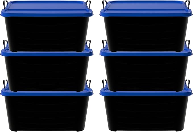 Life Story 6 Pack Heavy Duty Stackable Storage Bin, 55 Quart Home Organizer, Versatile Lightweight Locking Bins with Carrying Handles, Black/Blue