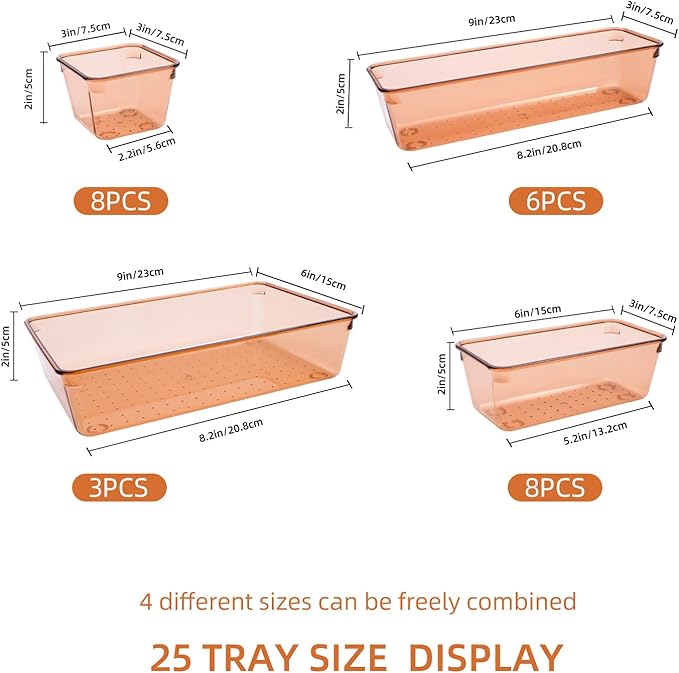 Coffee Acrylic Drawer Organizers Set Storage for Makeup, Office Desk Small Vanity Trays for Drawer Bathroom Plastic Make up Organizers 25 Pcs