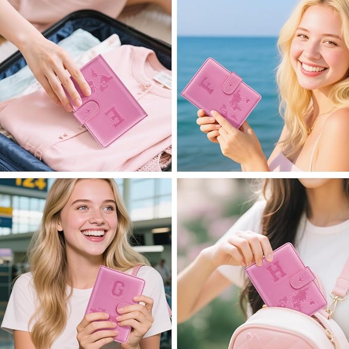 Passport Holder Cover Initail Letter A-Z Travel Wallet Embossed Design RFID Blocking Card Holder Personalized Gift Passport Cover Wallet, Passport Book Holders for Women and Girls, Pink-H