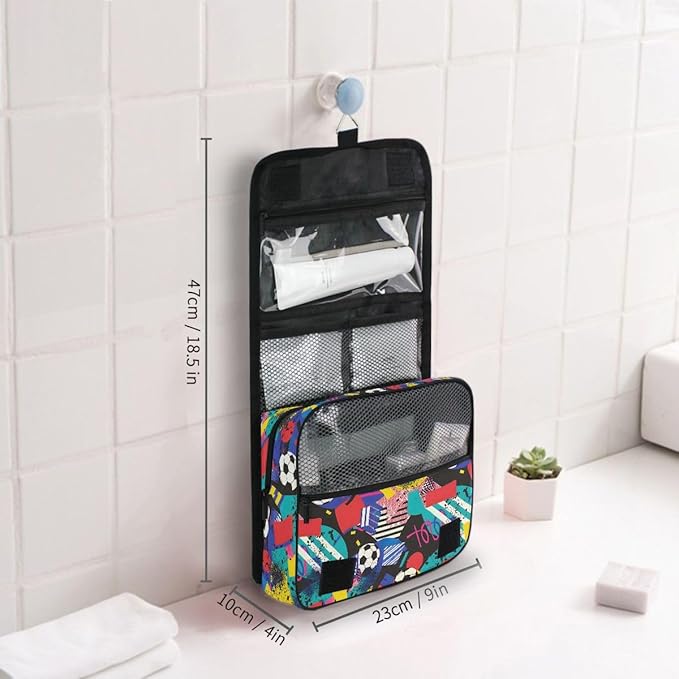 Hanging Travel Toiletry Bag Kit Boys Makeup Case Cosmetics Organizer for Men Women (Inspired Soccer Bright Colors)