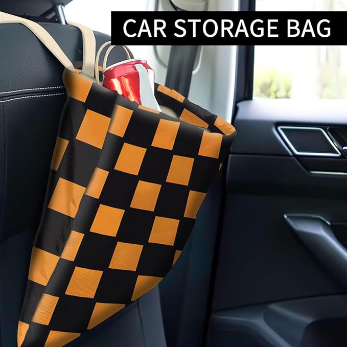 Car Trash Can, Cute Car Trash Bag, Hanging Car Organizer and Storage Bag, Trash Bin for Car Accessories, Vehicle, Travelling, Camping Orange Black Checkerboard