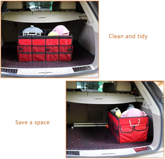 Car Trunk Organizer Collapsible Portable Multi Compartments Organizer with Non Slip Straps for SUV Truck Auto Vehicle Car Auto Minivan (Large without cover, Red)