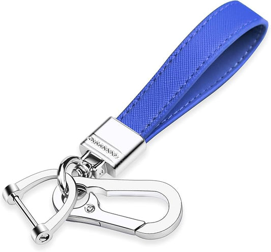 QBUC Genuine Leather Car Keychain,Universal Heavy Duty Metal Key Chain Accessories,Car Fob Key Keychain Holder with 360 Degree Rotatable Snap Swivel and Anti-Lost D-Ring for Men Women(Dark Blue)