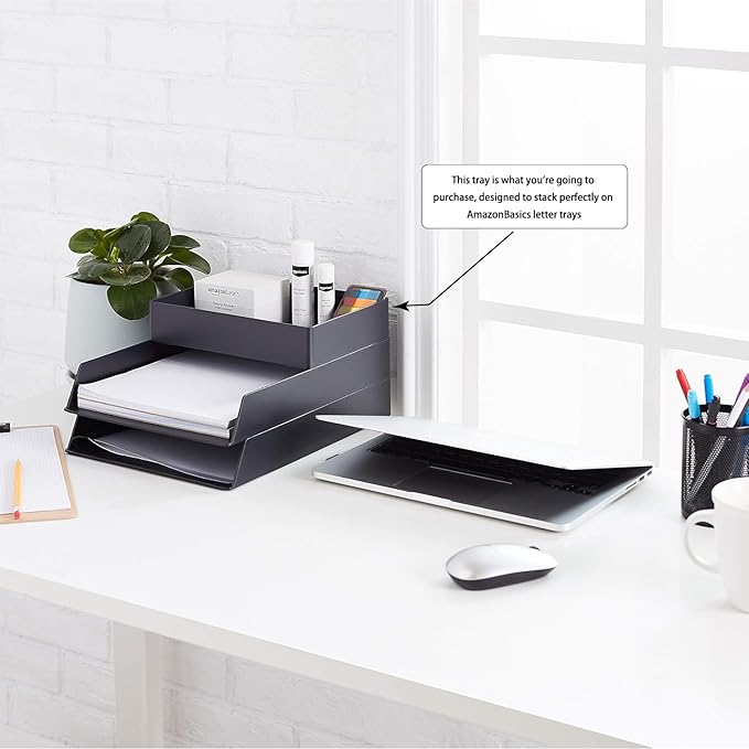 Amazon Basics Rectangular Plastic Desk Organizer with Storage Trays, Accessory Tray for Office Supplies and Pen Holder, 9.4 x 6.7 x 2 inch, Black (Pack of 2)