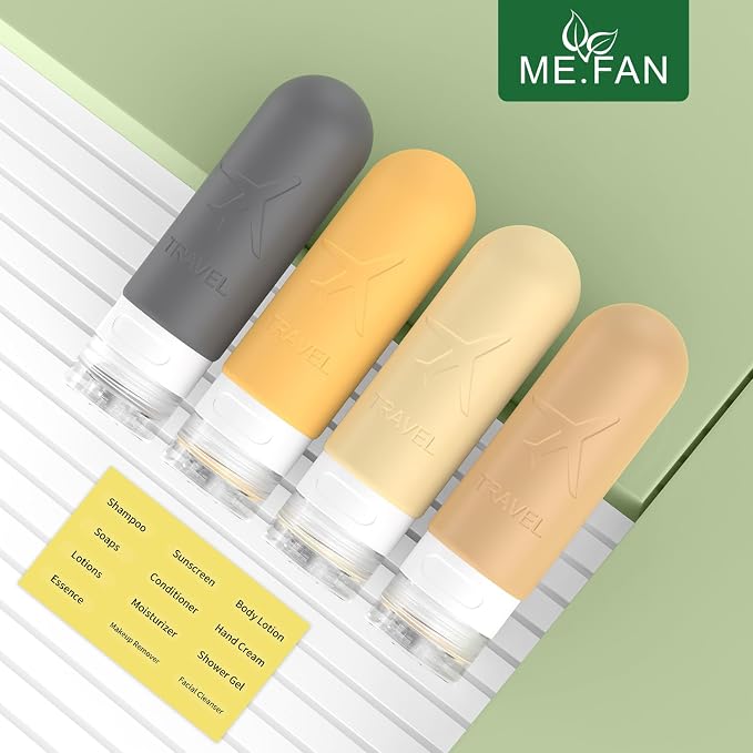 ME.FAN Travel Bottles for Toiletries,3oz Silicone Travel Size Containers, TSA Approved Squeezable Portable Split Bottle, Travel Accessories for Conditioner Shampoo Lotion - 4 Pack Yellow