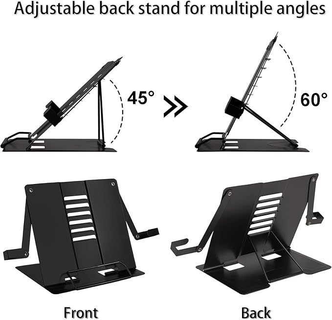 Metal Desk Book Stand for Reading with Adjustable Clips, Hands-Free Foldable Book Holder for Kids, Portable Document Stand for Desk, Display Stand for Recipes, Cookbooks, Tablets - Black
