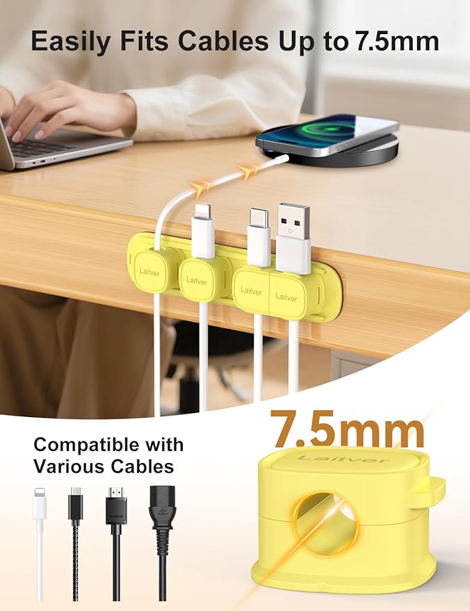6 Pack Magnetic Cable Clips [1s Open/Lock], Laitver Cord Organizer Holder Strong Adhesive Desk Cable Management- Organize Charging Cords Neatly for Home, Office, Car,Desk, Nightstand-Cream Yellow