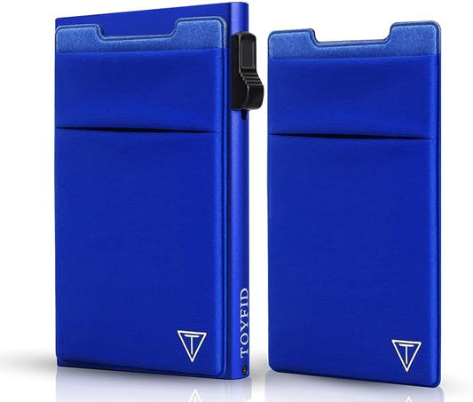 TOYFID Aluminum Wallet for Men - RFID Protected, Scratch Resistant, Large Capacity, Extra Pocket, Sliding Button, Blue