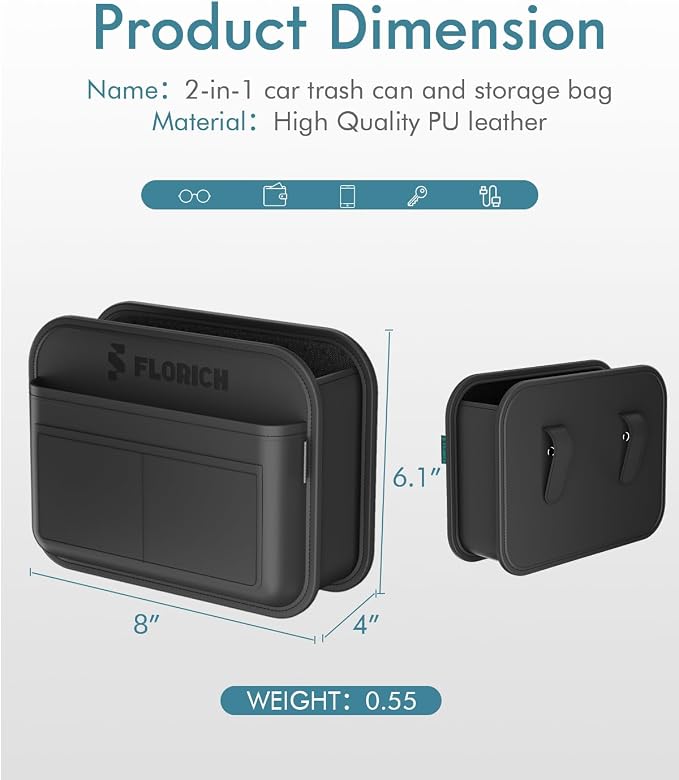 FLORICH Car Door Organizer, Small Leather Foldable Hanging Organizer and Trash Can 2-in-1, Multi-Function Mini Storage Box Garbage Can for Car Back Seats and Side Door-1Pack