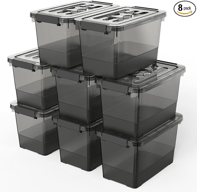 8-Pack Clear Black Plastic Storage Bins with Lids/Handles, 7 Quart Latch Organizer Boxes, Stackable Storage Containers for Organizing