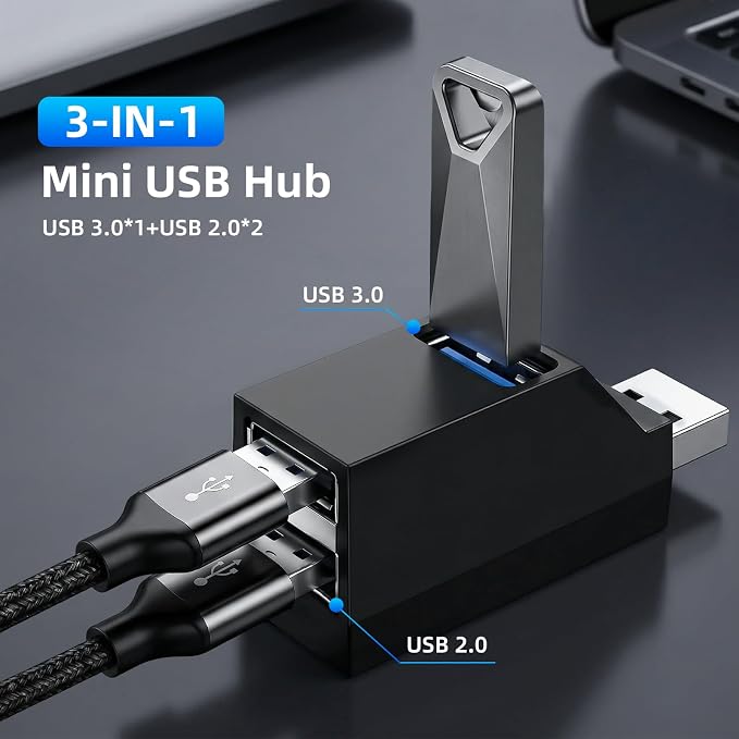 3 Ports USB-Adapter, USB Hub with 3.0 and Double 2.0 USB-Adapter, Portable USB Splitter 1 in 3 Out for U Disk，Keyborad, Mouse，Mobile Hard Disk, etc (Black)