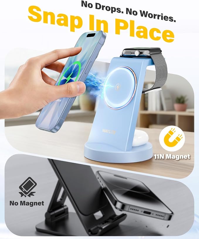 3 in 1 Fast Charging Station for iPhone, 25W Wireless Magnetic Phone Charger for iPhone 17 16e 16 15 14 13 12 Serise, Watch Charger Stand, Wireless Charging Station for AirPods 4 3 Pro, Blue