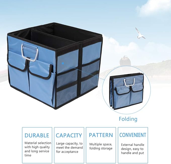 Car Trunk Organizer Collapsible Portable Multi Compartments Organizer with Non Slip Straps for SUV Truck Auto Vehicle Car Auto Minivan(Small without cover, Blue)