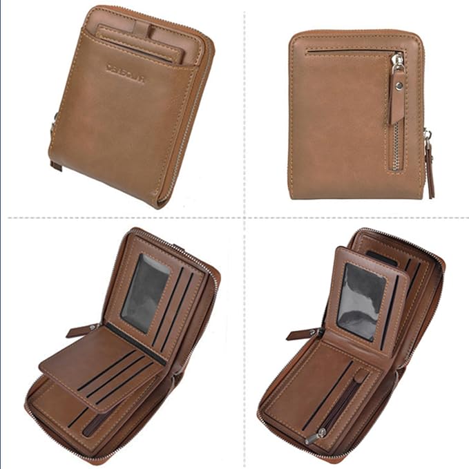 Zipper Wallet for Men Leather Bifold Pocket Wallets RFID Blocking Zip Coin Credit Card Wallets -Big Capacity For Travel