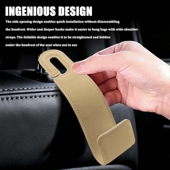 Car Seat Headrest Hooks, Purse Hook for Car, Automotive Headrest Handbags Holder, Auto Accessories Leather Seatback Organizer Hanger for Hanging Purses Bags Coats (Beige, 1PCS)