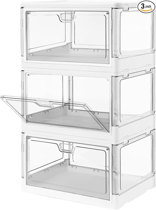 HYBRIDEAS 3-Pack Clear Stackable Storage Bins with Lids Magnetic Doors Open Front Foldable Folding Plastic Craft Containers Large Closet Organizers Box for Bedrooms Living Rooms Study Kids' Toys 24 QT