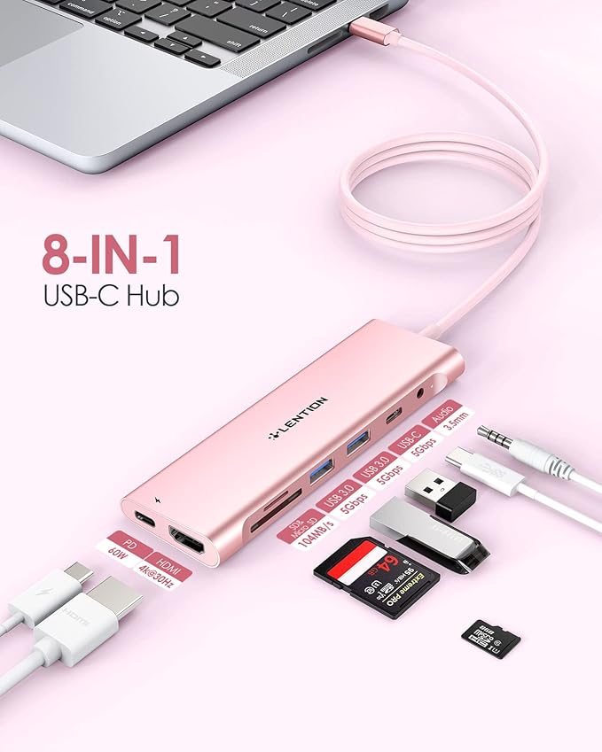 LENTION 8-in-1 USB C Hub, Docking Station with 3.3FT Long Cable, 4K HDMI, USB A&C, SD/TF Card Reader, Aux, 100W PD Charging, for MacBook Pro/Air, Dell, HP, Chromebook, Steam Deck (C37-1M, Rose Gold)
