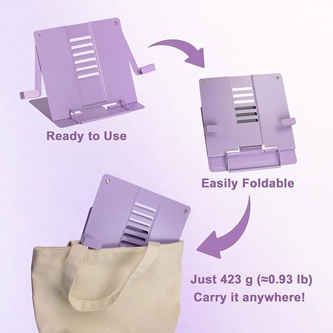 Metal Desk Book Stand for Reading with Adjustable Clips, Hands-Free Foldable Book Holder for Kids, Portable Document Stand for Desk, Display Stand for Recipes, Cookbooks, Tablets - Purple