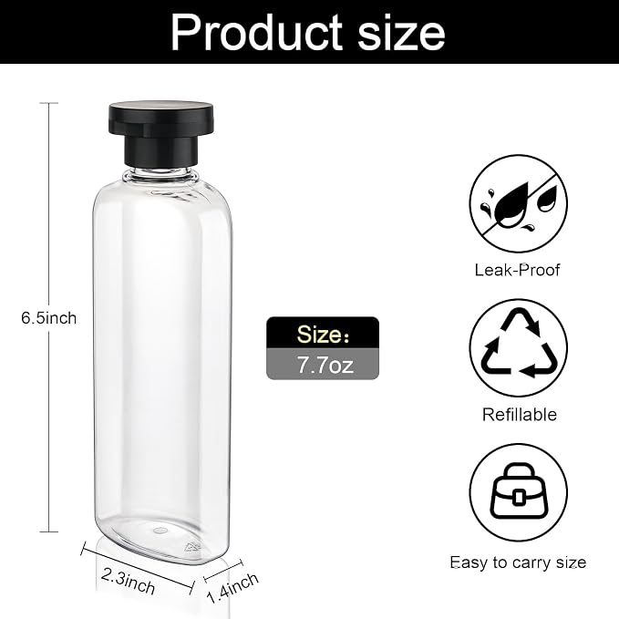 Travel Shampoo Bottles 7.7oz 5 Pack Leak Proof Squeeze Bottles with Flip Cap Refillable Containers for Toiletries