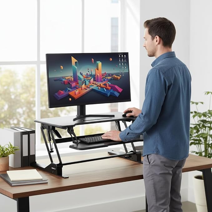 Mount-It! 38 Inch Standing Desk Converter - Gas Spring Sit Stand Desk Riser for Dual Monitors - Height Adjustable Desktop Workstation with Keyboard Tray - Black