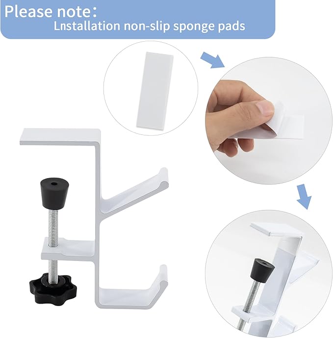 Desk Mount Bag Holder Hook Clamp,On Backpack Hanger Portable Desk Mount Headphones Holder for Reduce Desk Clutter Table Desk Table Hanging Storage (2 Pcs-Double Hook White)
