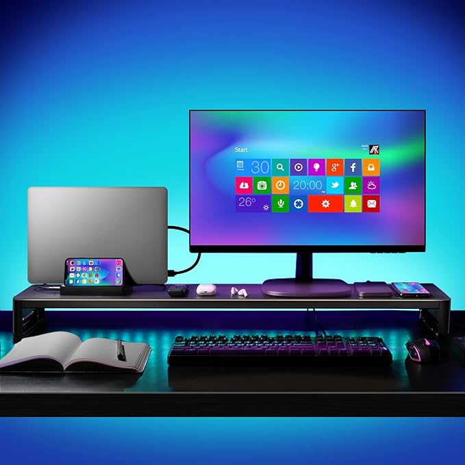 EAXBUX Dual Monitor Stand with Wireless Charging and 4 USB 3.0 Ports, Steel Monitor Stands for 2 Monitors, Metal Computer Stand Riser for Desk, Office, Laptop, PC up to 32 Inches (Black)