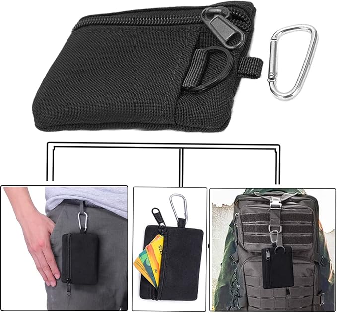 Tactical Keychain Pouch - Military Mini Size Belt Gear EDC Pocket Organizer as Coin Purse ID Card Holder Car Fob Key Waist Case Wallet Earphone Pack (Black+khaki)