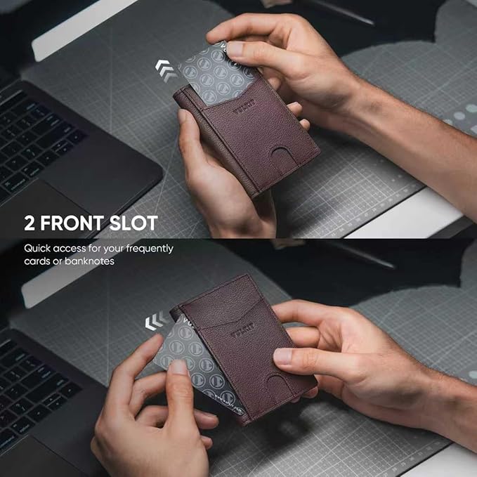 VULKIT Bifold Front Pocket Slim Wallet RFID Blocking Minimalist Thin Genuine Leather Credit Card Holder Wallet for Men and Women Litchi Espresso