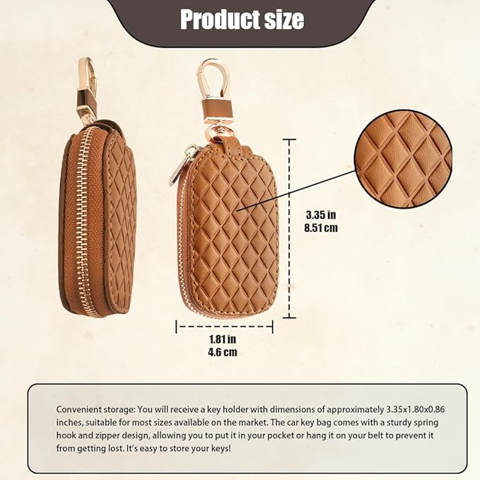 Key Fob Cover with Keychain, Key Fob Holder, Anti-Scratch Bag with Zipper, Leather Keychain Case Holder Fit Remote Key (Brown)