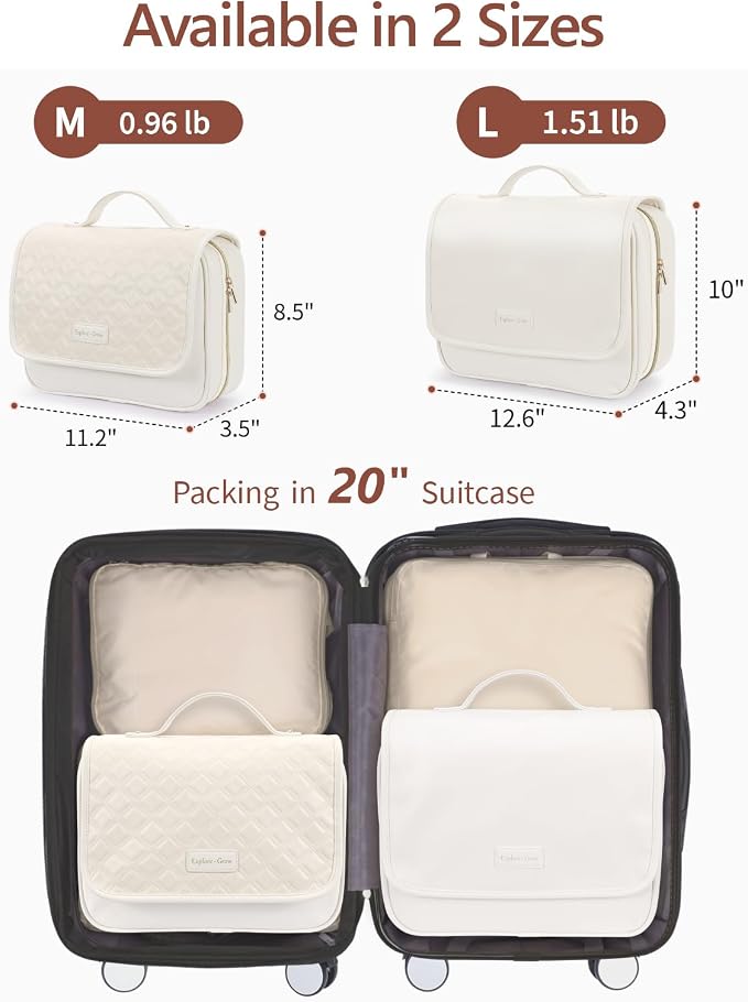 PACKISM Hanging Travel Toiletry Bag for Women - Fabric Travel Makeup Organizer with Detachable Makeup Bag and 4 Smart Large Compartments, for Full-Sized Toiletries, Off White (M)