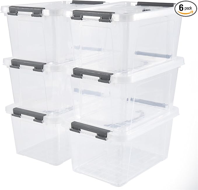 Eslite 6 Quart Plastic Stackable Storage Latch Bins,Clear Latching Box with Handle and Lid,Pack of 6 (Grey Handle)