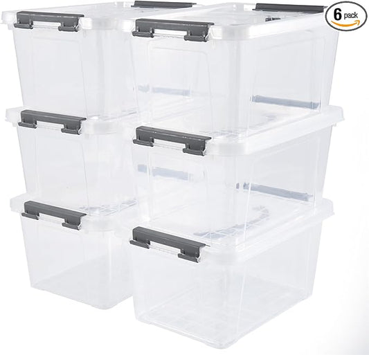 Eslite 6 Quart Plastic Stackable Storage Latch Bins,Clear Latching Box with Handle and Lid,Pack of 6 (Grey Handle)