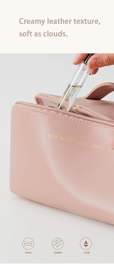Travel Makeup Bag for Women, Large Capacity PU Leather Toiletry Bag with Multiple Compartments, Waterproof Cosmetic Organizer with Handle, Portable Travel Pouch for Skincare, Rose Pink