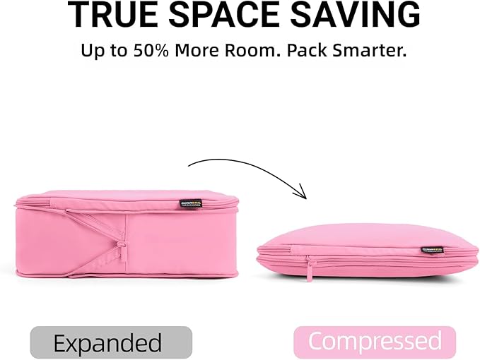 4 Piece Compression Packing Cubes for 3–7 Day Travel, Space Saving Travel Organizers with Breathable Mesh, Double-Zipper Packing Cubes for Carry-On & Suitcases (Petal)