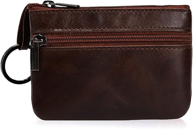 Hibate Deep-Brown Small Leather Coin Purse Change Pouch for Women Men Kids with Zip Key Ring