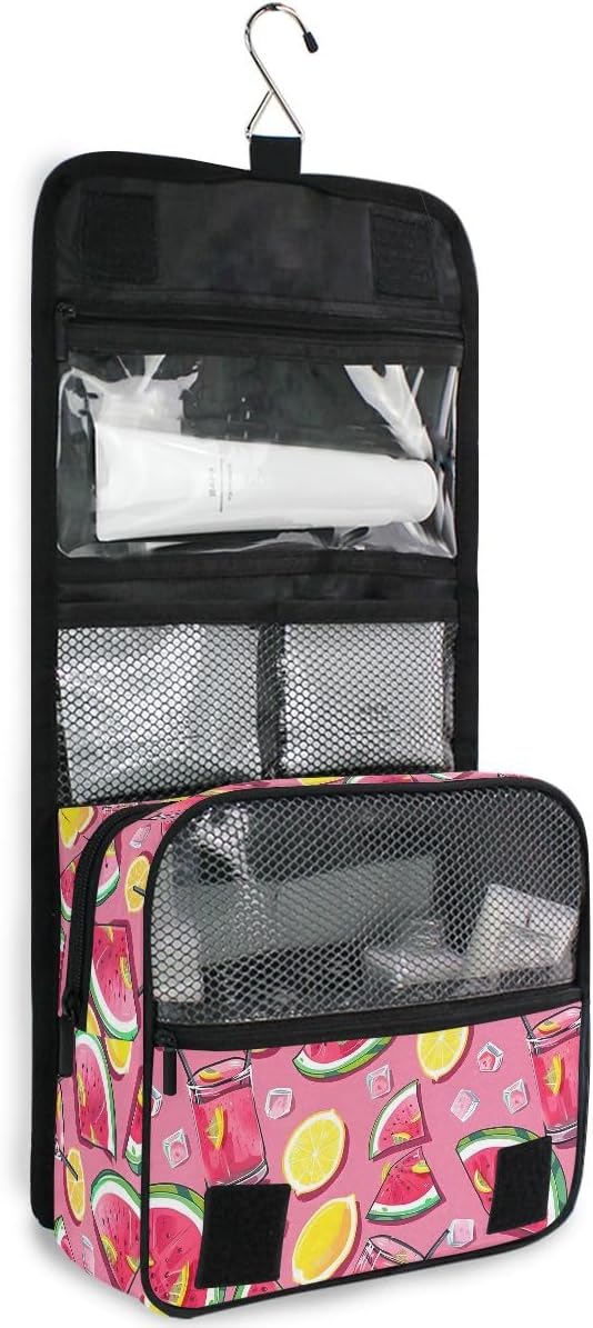 Hanging Travel Toiletry Bag Kit Boys Makeup Case Cosmetics Organizer for Men Women (Watermelon Slices Pink Lemonade)