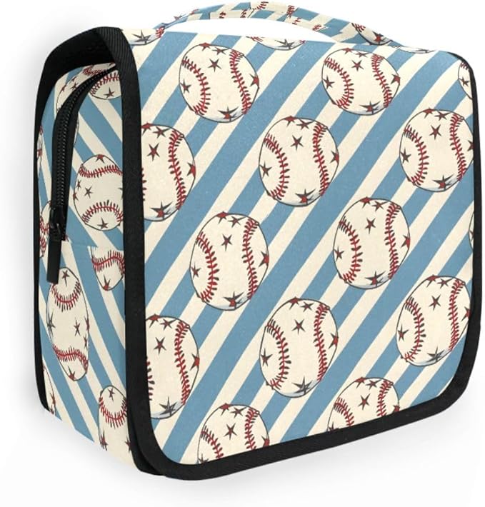 Hanging Travel Toiletry Bag Kit Boys Makeup Case Cosmetics Organizer for Men Women (Baseball Balls Star Blue Stipes)