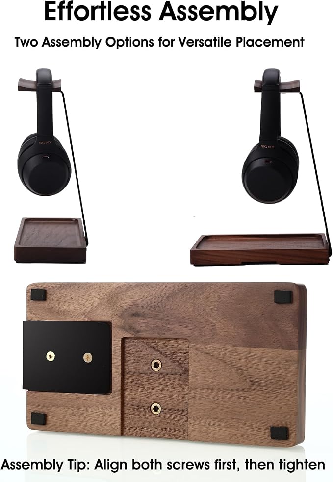 Walnut Headphone Stand, Wooden Headset Stand for Desk, Wood Gaming Headphone Holder with Storage Base for Airpod max, Bose, Razer, Sennheiser, Jabra, JBL, AKG, Vintage Gift for Men, Black