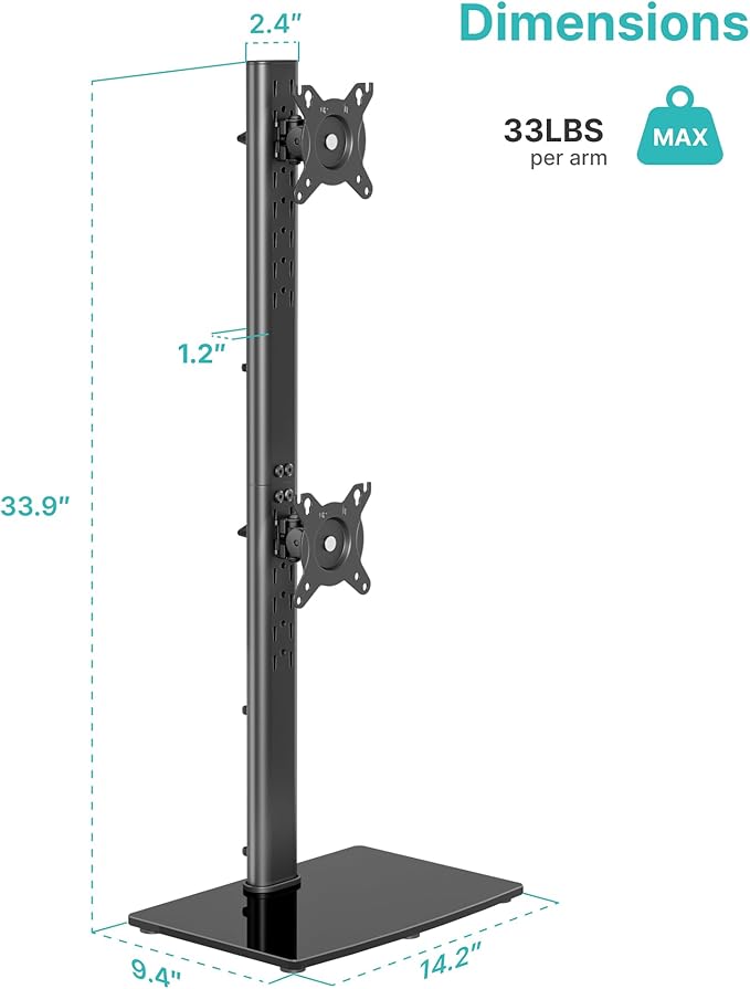 Pegzone Vertical Dual Monitor Stand for 17??4 Inch Screens, Stacked Monitor Mount, Holds up to 33 lbs per Arm, Tabletop Screens Riser with Full Motion, 33.3" Pole 12 Height Settings, 75/100 VESA