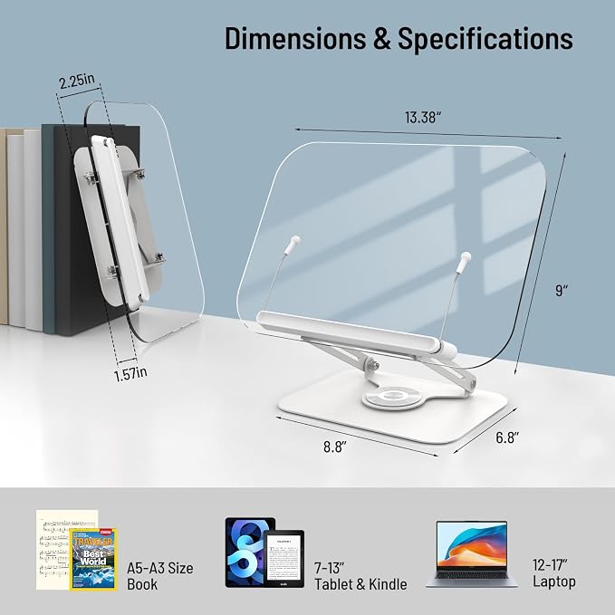 Acrylic Book Stand for Reading Hands Free - Adjustable 360° Rotating Cookbook Holder with Elastic Page Clips & Foldable Base, Multi-Angle Desktop Display Stand for Recipes, Textbooks, Tablets, Bibles