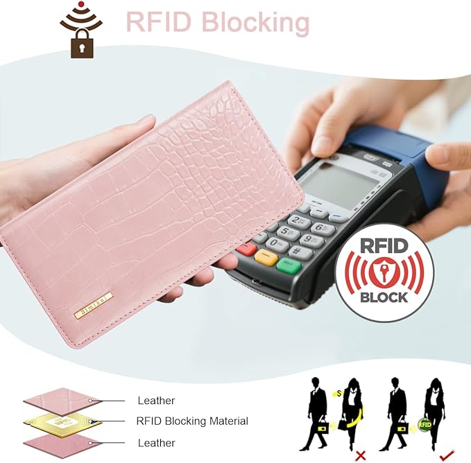 Wallet Women Bifold Faux Crocodile Leather Minimalist Slim Thin Long Wallets RFID Blocking Credit Cards Holder Purse with Back Zipper Coin Pocket for Women and Men,Pink