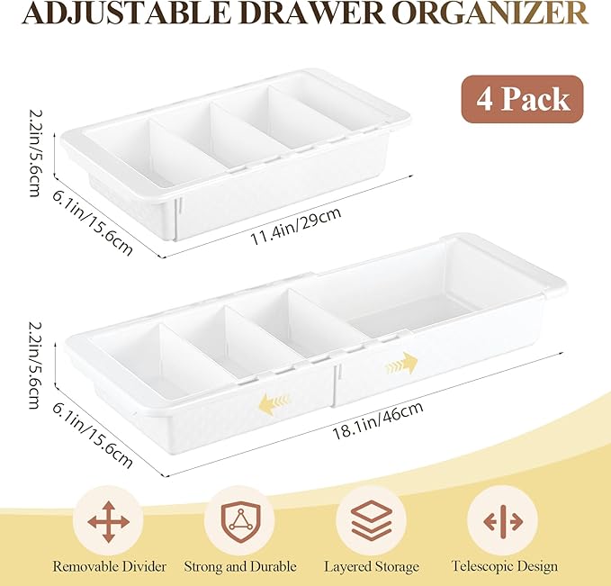 4 Pcs Expandable Drawer Organizer Bins Adjustable Deep Drawer Hanging Organizer Tray Expandable 11.4 to 18.1 Inches Plastic Dividers Storage for Office Bathroom Bedroom Kitchen Desk, White