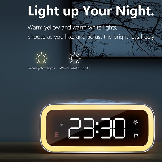 AYI 4in1 Smart Wireless Charging Alarm Clock with Mirror Display | 15W Fast Charger for Phone & Earbuds, 3 Group Alarms, Warm White/Yellow Night Light, Temperature Display Extra USB Port-White