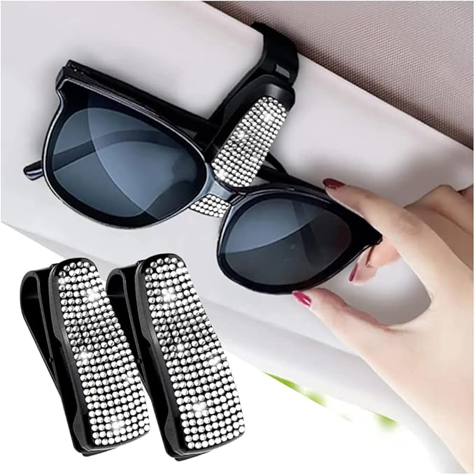 Set of 2 Bling Rhinestone Car Sun Visor Glasses Holders with Anti-Scratch Sponge,Car Decoration for Women Girls,Ticket Card Clip Visor Organizer,Universal Rhinestone Auto Accessories (Silver-2pcs)