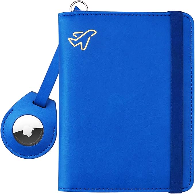 WALNEW AirTag Passport Holder, PU Leather Airtag Wallet RFID Blocking Passport Cover Travel Essentials Case for Women Men (Blue)