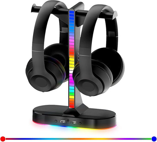 RGB Headphone Stand - Dual Gaming Headset Holder with 3 USB Charging Station and 3.5mm Audio Port,8 Light Modes, Suitable for Gaming, Wireless Earphone Display, Gamer Gifts for Men (Black)