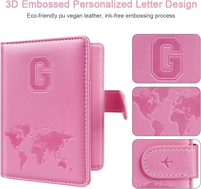 Passport Holder Cover Initail Letter A-Z Travel Wallet Embossed Design RFID Blocking Card Holder Personalized Gift Passport Cover Wallet, Passport Book Holders for Women and Girls, Pink-G