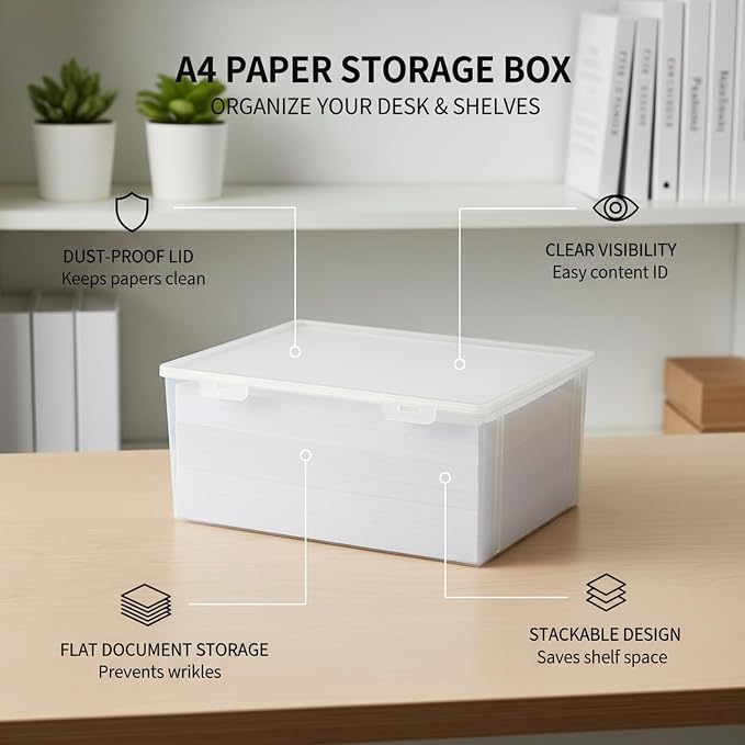 Clear A4 Document Storage Box with Lid, Stackable PP File Organizer for Office Desk & Shelf